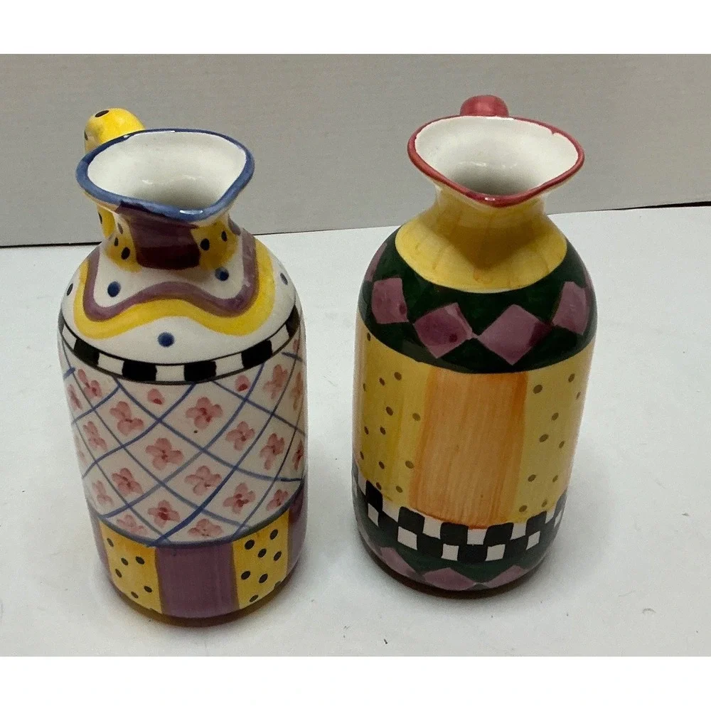 Vintage‎ Ceramic Pitchers Hand Painted Whimsical Set of 2 Multi Color